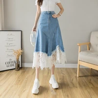 spring women elegant high waist a line long skirts fashion lace patchwork denim skirts holiday style female jean skirt casual