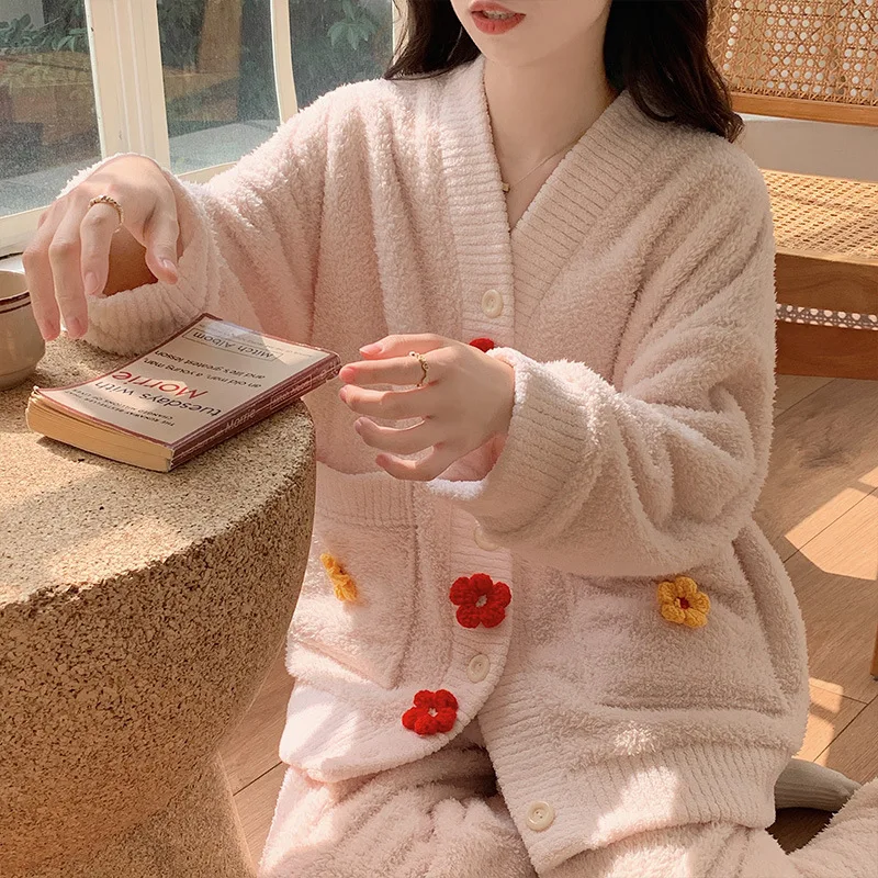 Yasuk Winter Women Girl Casual Warm Soft Sleepwear Pajamas With Pant Velvet Fleecel Cute Thick Pocket Flower Gentle
