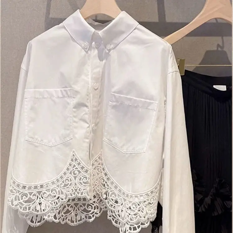Кружевная модная блузка с длинным рукавом женские корейские белые рубашки 2024