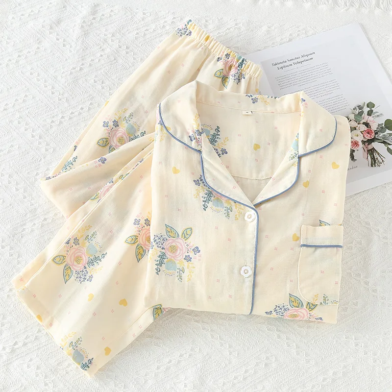 Женский пижамный комплект из чистого хлопка с принтом осенне-зимняя домашняя