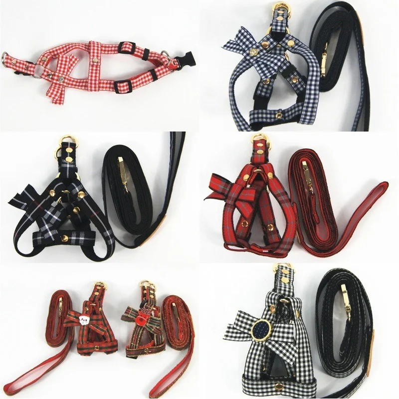 Fashion Luxury Nylon Dog Collar Harness Leash plaid print Dogs Walking Leash for Small Medium Large Dogs