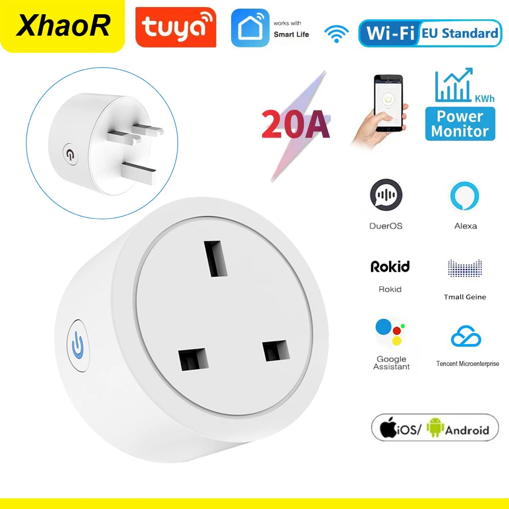 

Tuya WiFi Smart Socket 20A UK Plug 3pin Adapter Home Alexa Voice Control With Energy Monitering Timer Function Power Outlet Set