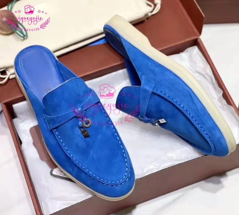 2023 New Round Toe Women Flat Mules Metal Tassel Thick Sole Casual Slides High Quality Suede Mixed Color Women Men Mules