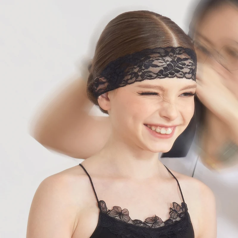 Повязка на голову для латинских танцев девочек черные атласные кружевные ленты