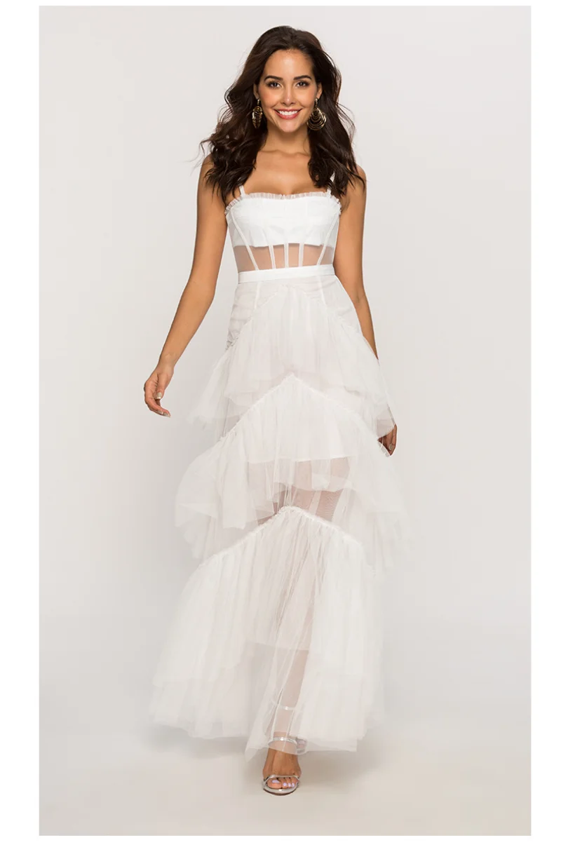 Banquet Gown for Women Wedding Party Dresses Spaghetti Strap Skirt Fashion  Lace Mesh Sleeveless Women's Prom Dress Vestidos