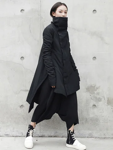 CHICEVER/черная зимняя одежда для женщин с высоким воротом и длинным рукавом, свободные Асимметричные однотонные повседневные пальто, женская корейская мода 2022