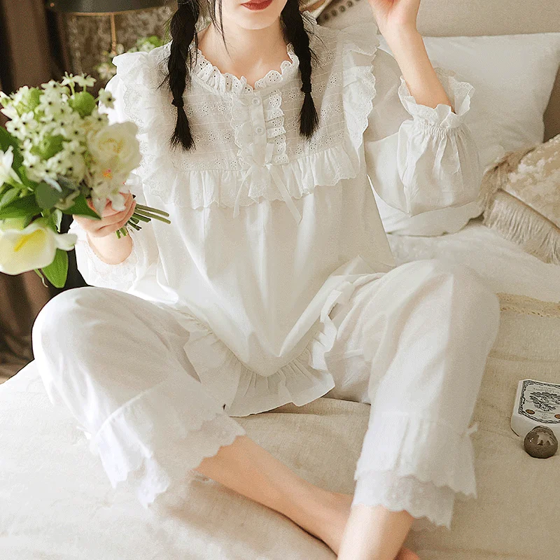 

Sleeve Long Tops+pants.vintage Cotton Women Home Girl's Ruffle Sets Set Pajama Victorian Sleepwear Ladies Lace Pyjamas Princess