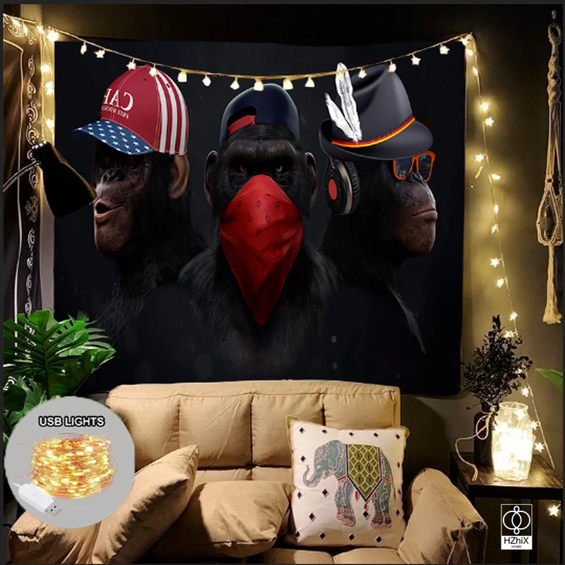 

Glasses Earphone Gorilla Tapestry with Lights Funny Art Modern Style Tapestries Wall Suitable for Bedroom Living Room Decor