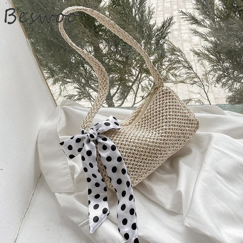 

New Shoulder Bag 2022 Spring Straw Weave Scarves Purse and Handbags for Women Summer Trendy Casual Ladies Bags Armpit Female Bag