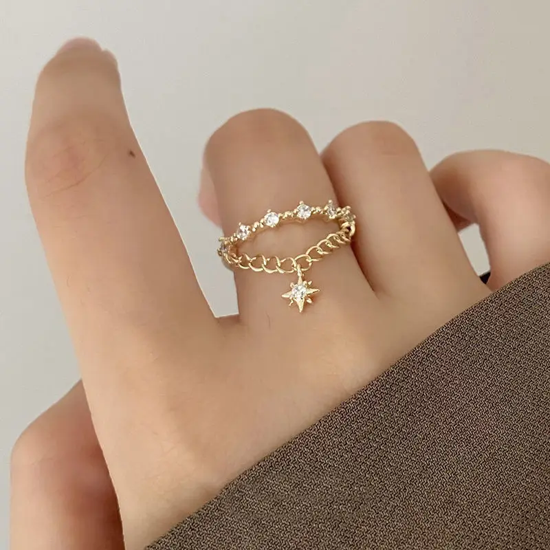 

Fashion Trend Exquisite Zircon Tassel Geometric Eight-pointed Star Adjustable Ring Female Wedding Jewelry Party Gift Wholesale