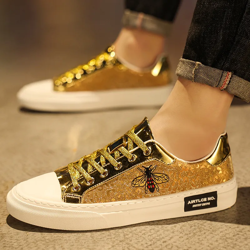 Fashion Golden Men's Sneakers Brand Shoes Glitter Leather Low-cut Designer Shoes Skate Luxury Sneakers for Men Zapatillas Hombre