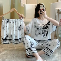 luxury silk sleepwear pajamas set for women summer short sleeves top and pants with shorts satin 3 pieces suits ladies outfit