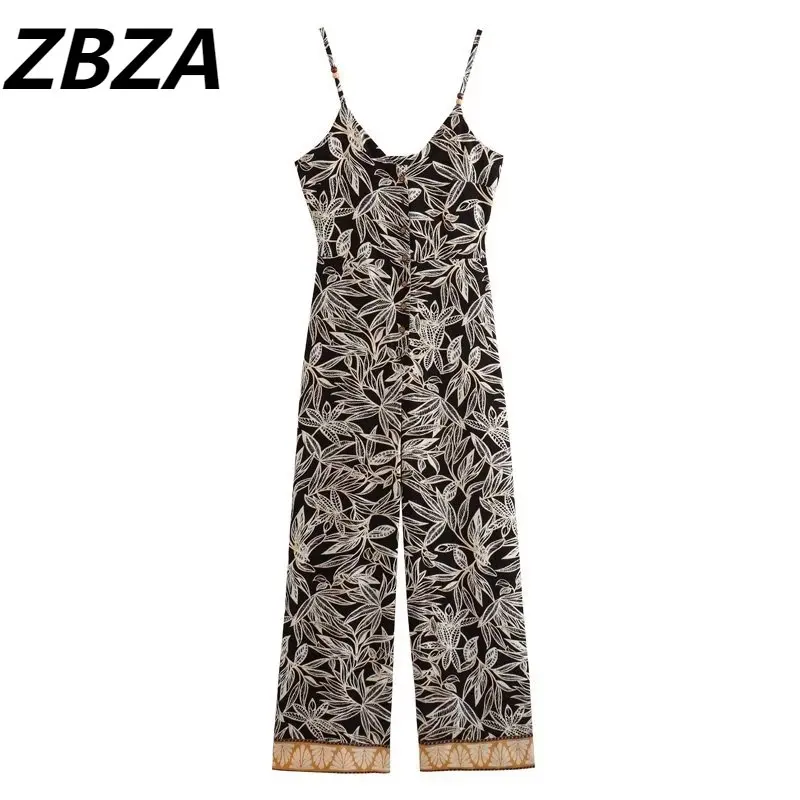 

ZBZA женские 2023 НОВЫЕ шикарные модные прямые комбинезоны с принтом, винтажные комбинезоны с открытой спиной и широкими лямками, женские комбинезоны