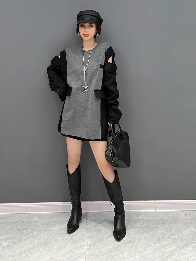 

SuperAen 2022 Autumn New Korean Fashion Trend Splice Single Temperament Women Loose Sweatshirt Tops