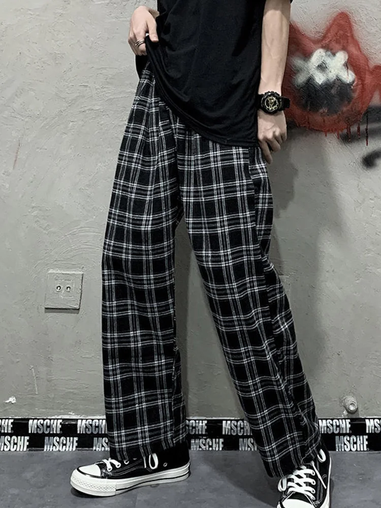 

BF Women Plaid Pants Black Vintage Elastic Waist Sweatpants Loose Straight Harajuku Summer Joggers Female Trousers New