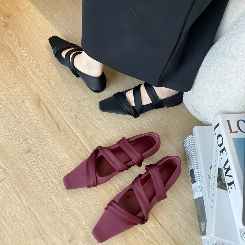 

Shoes for Woman 2023 with Straps Red Women's Summer Footwear Evening Flats Square Toe Low Heel Elegant Flat Y2k Korean Style A E