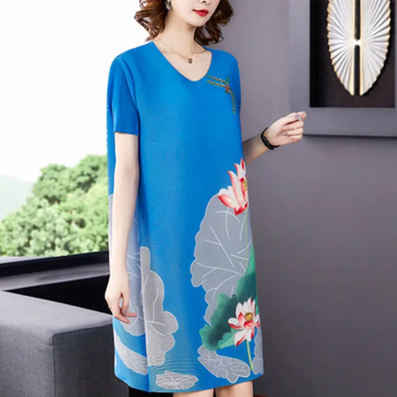 

Pleated dress women short-sleeved skirt 2022 new summer lotus leaf print loose and thin mid-length o neck A-line skirt female