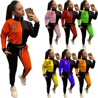 hm6531womens fall casual two piece sexy streetwear fashion letters colorblock pants sports suit women
