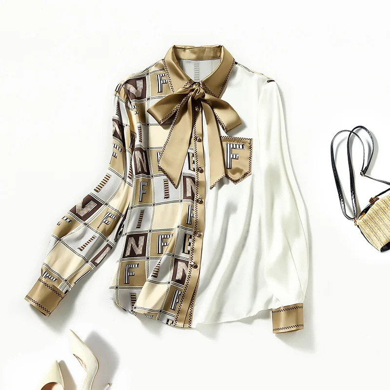 

Spring Women Vintage Letters Print Blouse Elegant Long Sleeve Bows Blouse Office Ladies Shirts Woman Fashion Party Blousa NS762