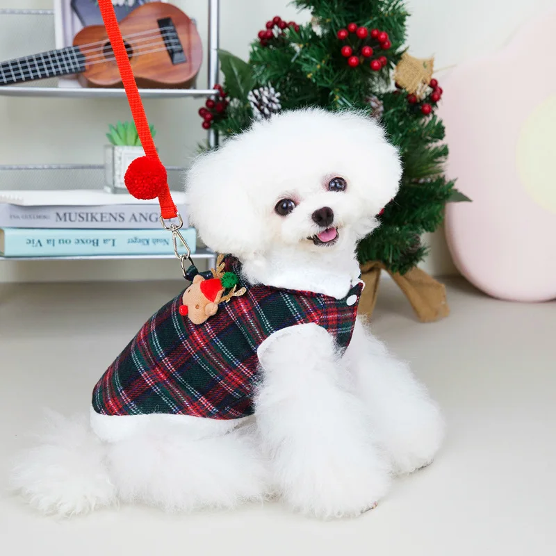 Pet Clothes Autumn Winter Small Dog Harness Coat Christmas Plaid Vest  Traction Rope Kitten Puppy Jacket Warm Sweater Yorkshire