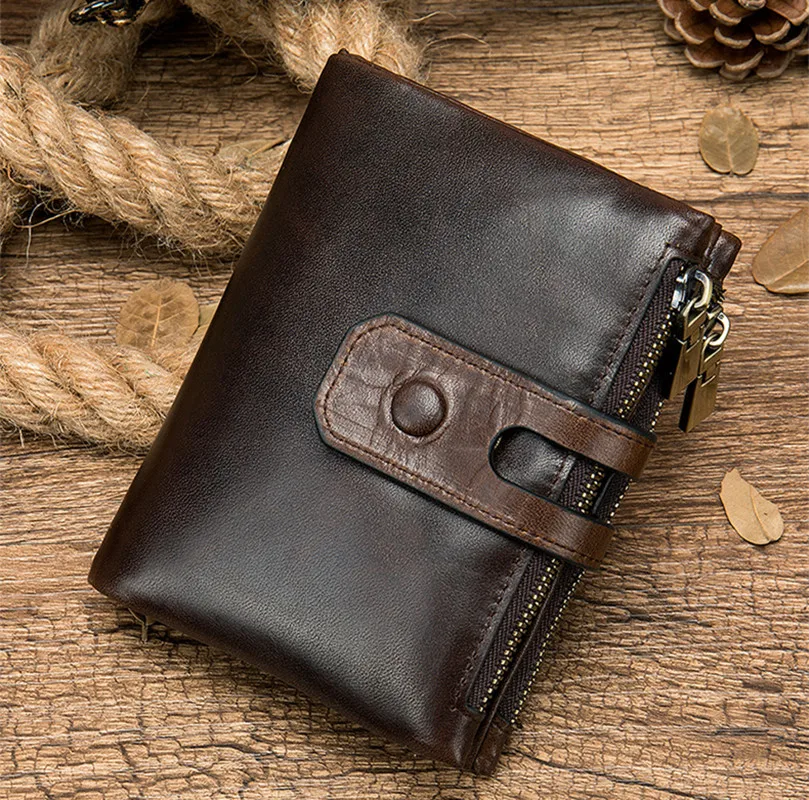 Vintage Buckle Men's Genuine Leather Wallet Fashion Double Zipper Cowhide Coin Purse Male Multi Card Slot Wallet