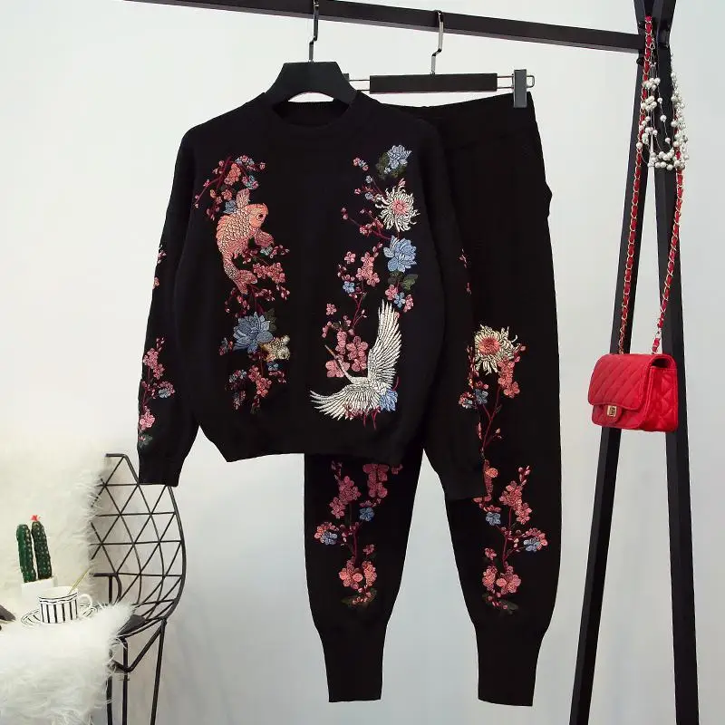 New Autumn Women Two-piece Set Streetwear Embroidery O-neck Pullover Knitted Sweater Top + Loose Harem Pants Casual Sport Suits