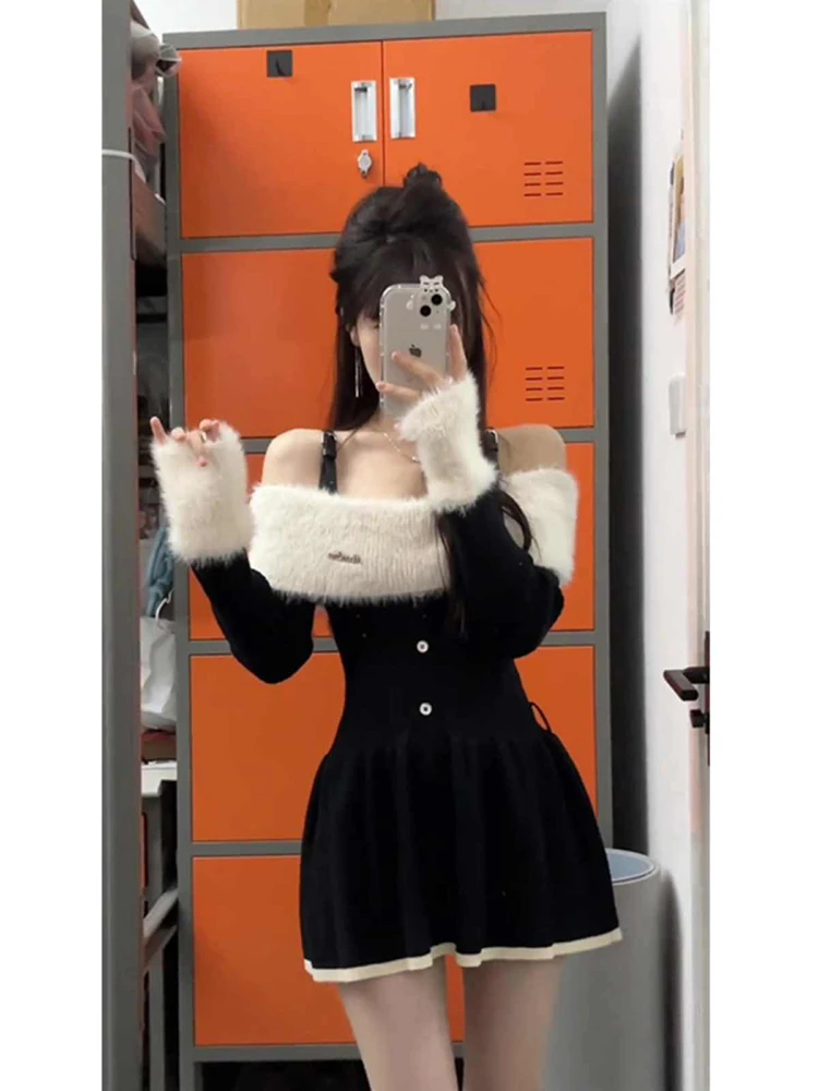 Yujie Sle Черное платье с открытыми плечами и длинными рукавами Женское