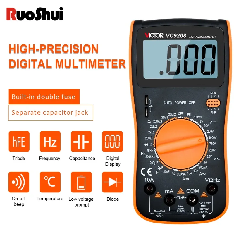 

Professional Multimeter VC9208 AC/DC 750V 1000V LCD Digital Mini Multimetro Probe for Voltmeter Ammeter Ohm Tester Meter Tools