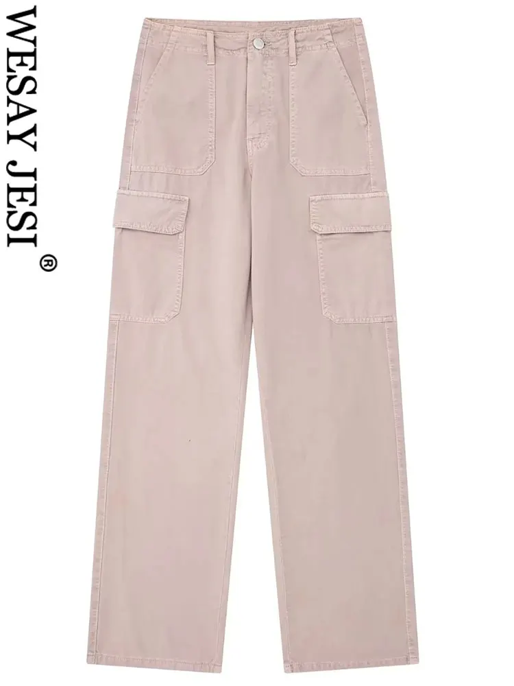 

Брюки-карго WESAY JESI TRAF женские прямые с карманами, элегантные однотонные штаны с завышенной талией, на молнии, повседневные свободные брюки-карго