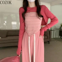 2022 autumn irregular long sleeve knitted cardigan vest womens design sense niche two piece sling shirts for women harajuku