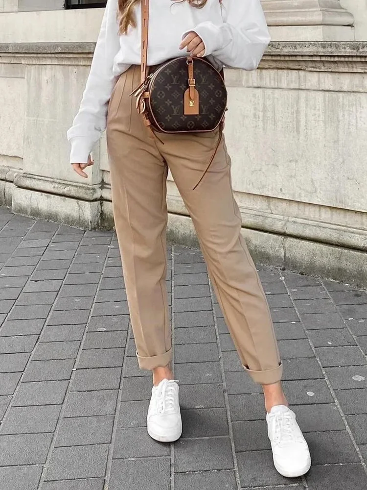 Icclek Spring Women's Pant Solid Casual Harem Pants Office Formal Ladies Pant Loose High Waist Chic Khaki Black Trousers Vintage