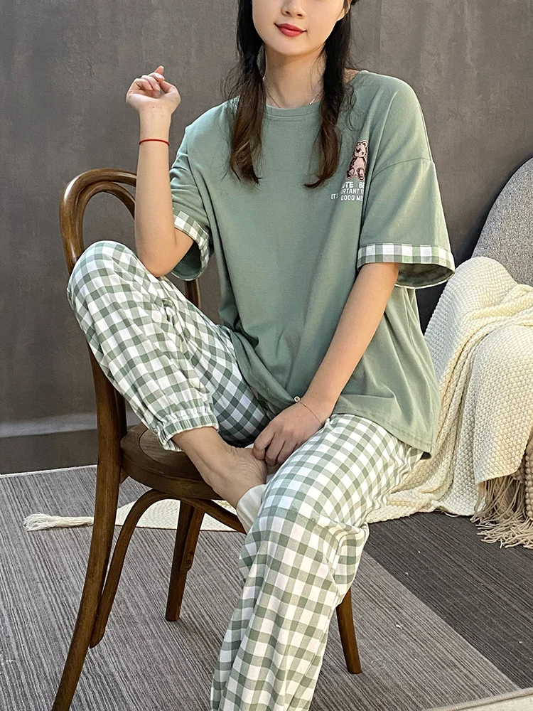 2024 New Pajamas Women's Spring Summer Cotton Short sleeve Pullover round Neck Can Be Worn outside Plaid Pants Home Wear Set