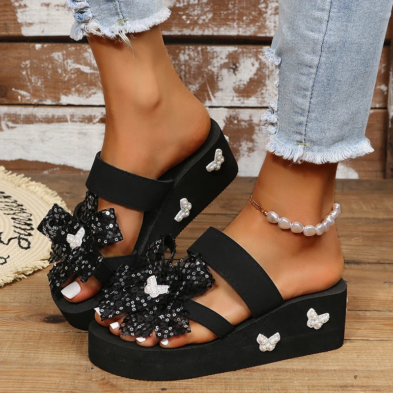 

Slippers Women Shoes Rhinestone Slope Heel Open Toe Bow-knot Clip-toe Comfy Flip Flop Shoes Casual Comfortable Beach Sandals