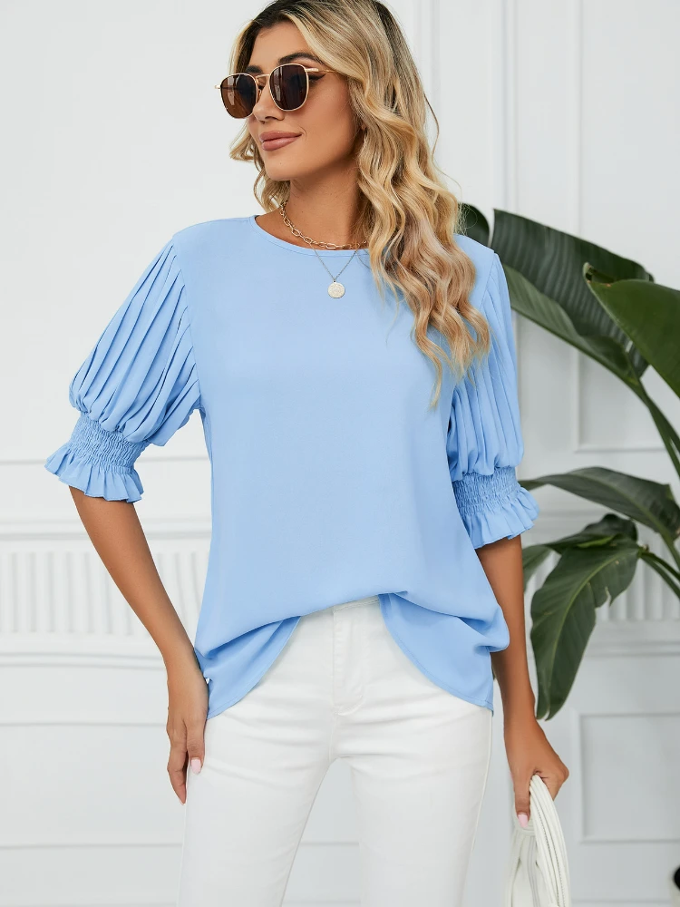 

2023 New Solid Color Round Neck Ruffle Princess Sleeve Loose Chiffon Top Female Blouse for Women Womens Tops and Blouses