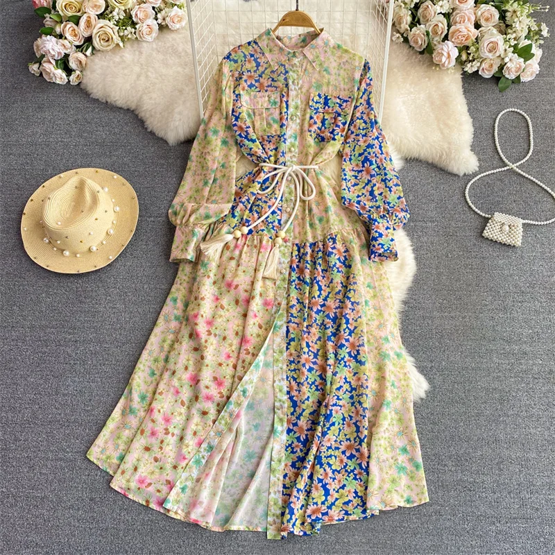 

Spring Autumn Elegant Vintage Flower Print Women Long Dress Vestido Waist Lace-up Lapel Pocket Long Sleeve Ladies Yellow Dresses