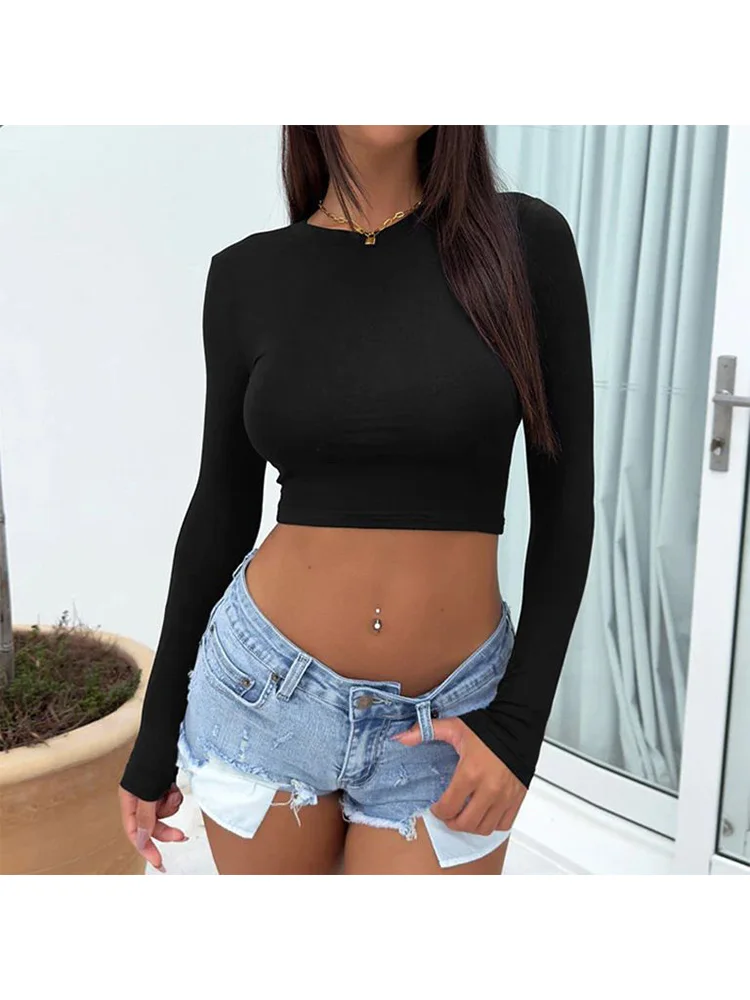 Женская Однотонная футболка осенняя эластичная повседневная майка женские