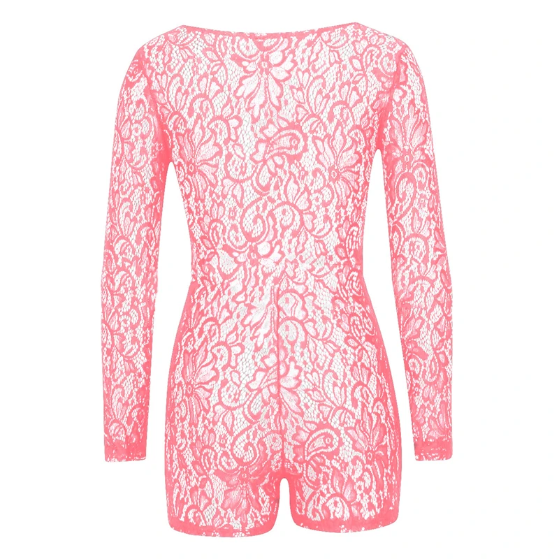 

Sexy Women Lace Romper Ladies Bodycon Jumpsuit V-neck Boduycon Button Long Sleeve Leotard Playsuit Bodysuit Homewear
