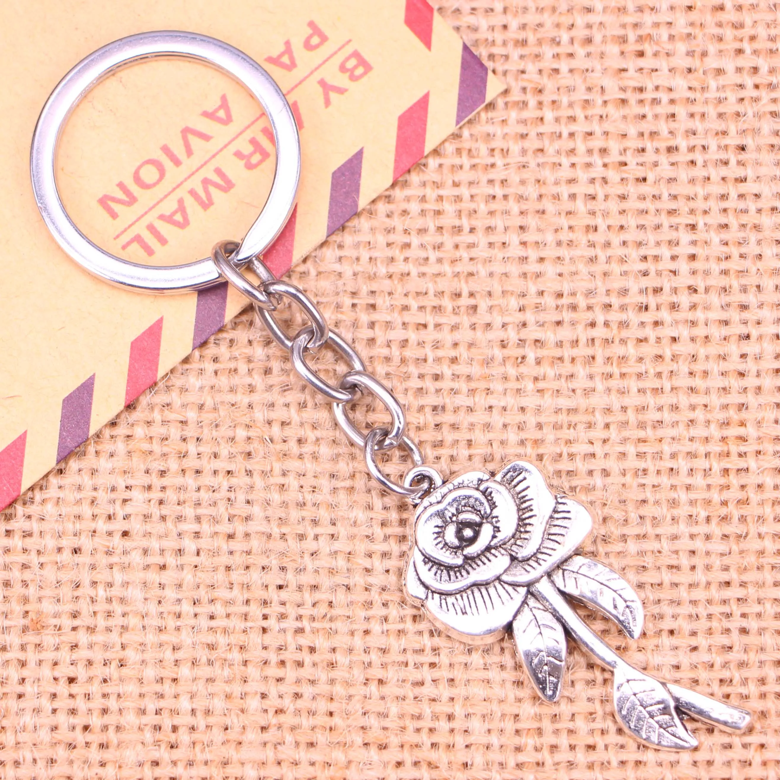 

20pcs New Fashion Keychain 42*19 mm rose flower Pendants DIY Men Jewelry Car Key Chain Ring Holder Souvenir For Gift