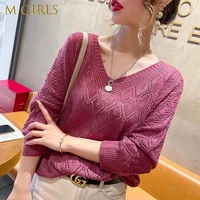 n girls woman sweaters 2022 new korean knitted pullovers chic heavy hollow out thin jumper v neck loose crochet floral pull