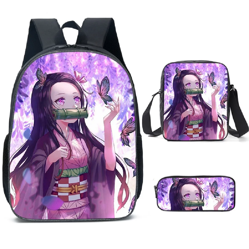 3 Piece Demon Slayer Nezuko Children New Anime Backpacks Girls Princess Student School Pen Bags Kids Shoulder Bag Drop Shipping
