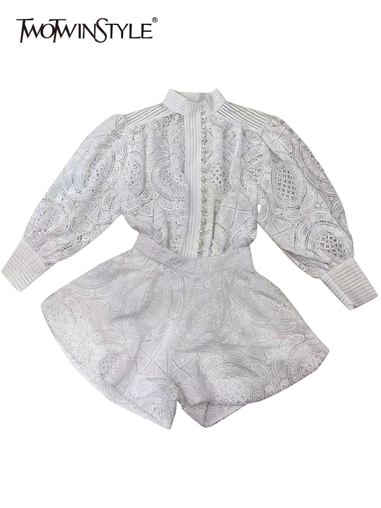 

TWOTWINSTYLE White Cut Out Two Piece Set Womens Stand Collar Long Sleeve Shirt High Waist Shorts Female Sets Fashion Clothes New