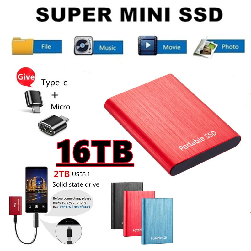 

New Type-C USB 3.1 Portable SSD 1TB 2TB 4TB 8TB 16TB SSD Mobile Hard Disk for Laptop Desktop SSD Portable Flash Memory