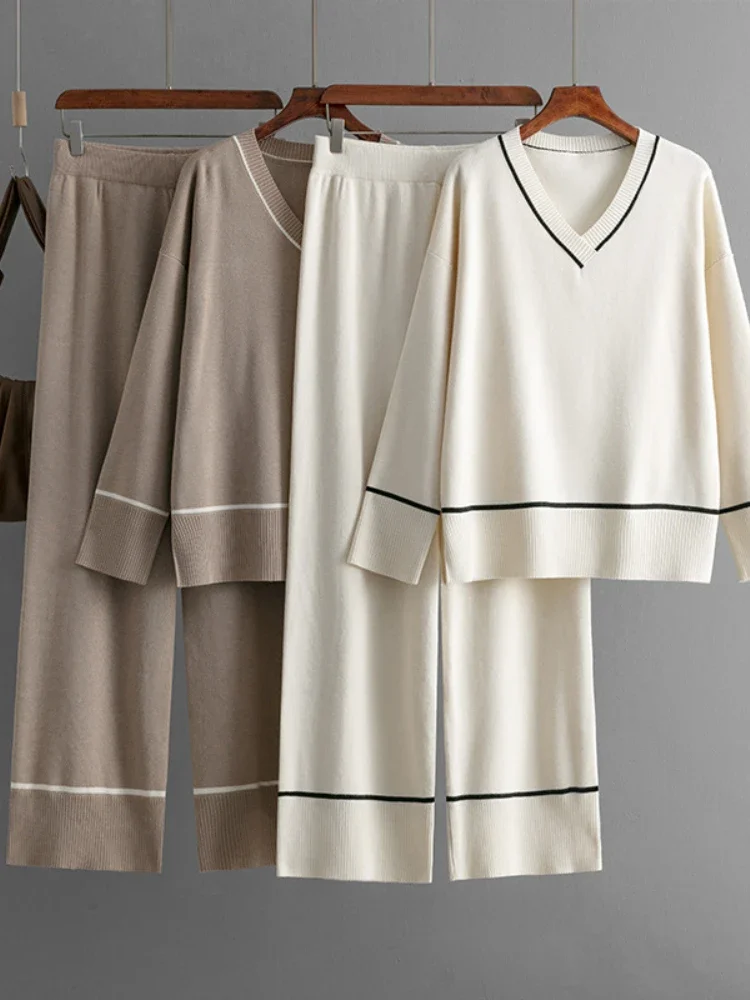 Женский домашний вязаный костюм базовый Свободный Топ с V-образным вырезом и