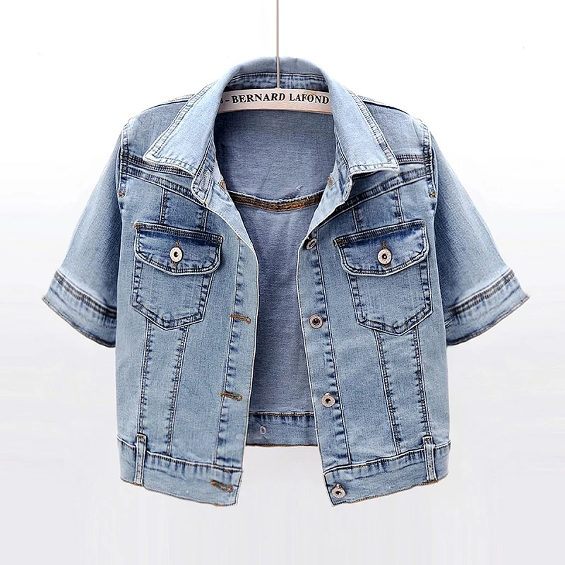 

Summer Thin Vintage Blue Elasticity Slim Denim Jacket Women Short Cowboy Outerwear Pocket Short Sleeve Jeans Jacket Coat Female