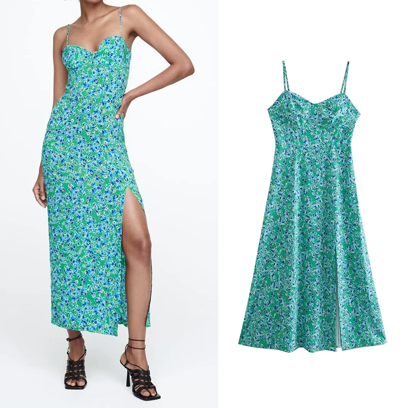 

Summer 2022 Women Print Strap Midi Dress Sleeveless Backless Female Sexy Side Split Dress Vestidos CD8590