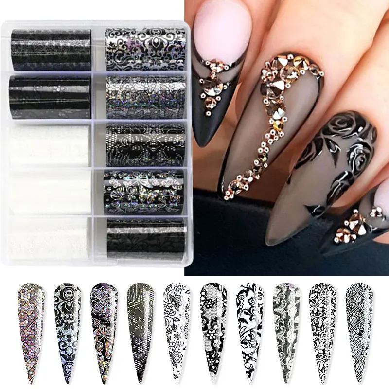 

10Rolls/Set 3D Lace Pattern Nail Foils For Transfer Paper Black White Butterfly Snake Flower Nails Stickers Nail Accessorie Tool