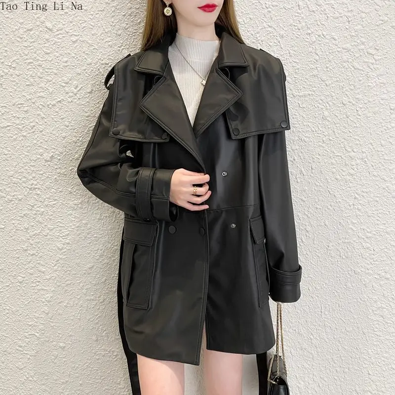 2022 Casual Genuine Sheep Leather Jacket New Lace-up Waist Mid-length Navy Collar Jacket H9