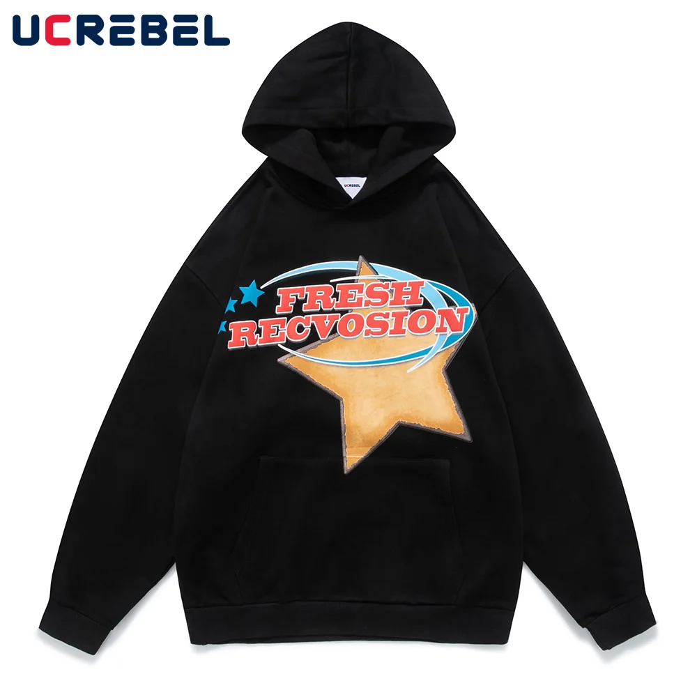 

Five-pointed Star Print Hoodies Mens Streetwear Letter Casual Sweatshirts Autumn Light Fleece Long Sleeve Cotton Top Men