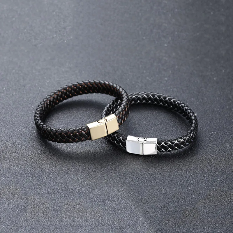 

Bracelet Male Handmade Weave Wide Black Leather New Classic Style Man Alloy Metal Clasp Unisex Bracelet Wrist Jewelry Gift