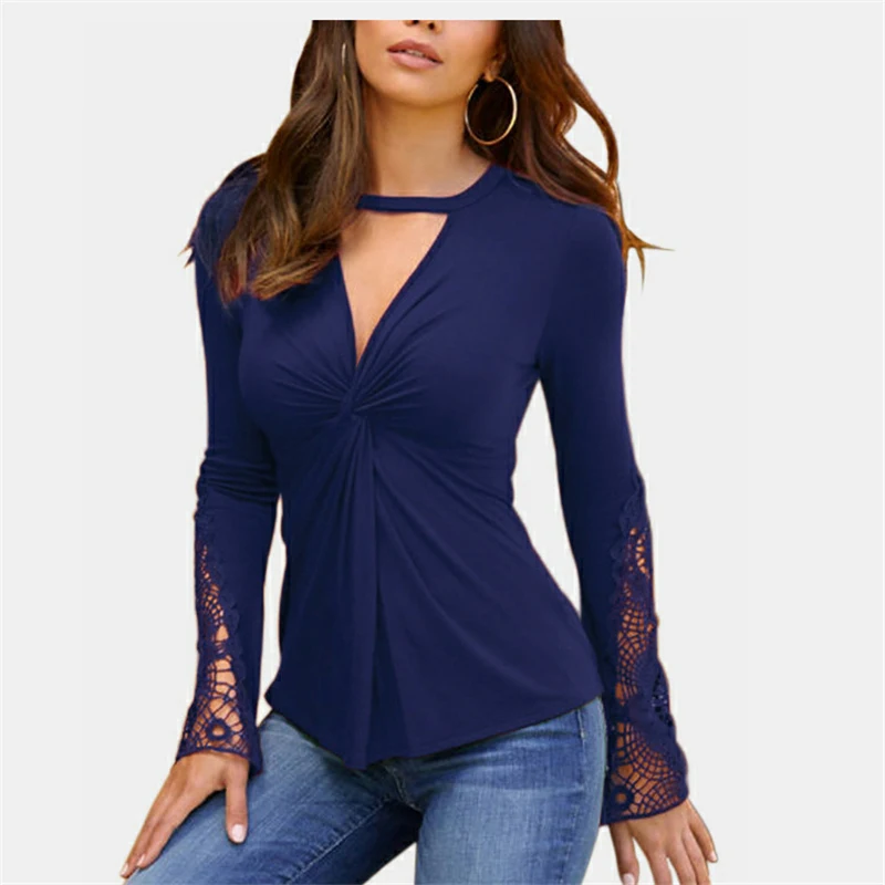 Женская футболка с длинным рукавом V-образным вырезом и кружевом - купить по